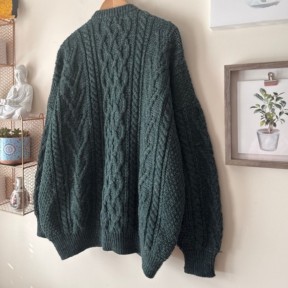 Vintage UK Aran Cable Knit Fisherman Wool Grandpa Cardigan Forest Green Size XXL - Picture 9 of 10